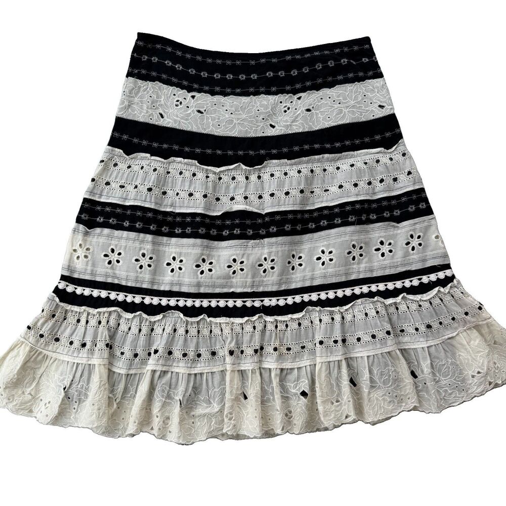 Women’s Odille Anthropologie Midi Skirt Size 8 Black/Cream Embroidered Ruffle